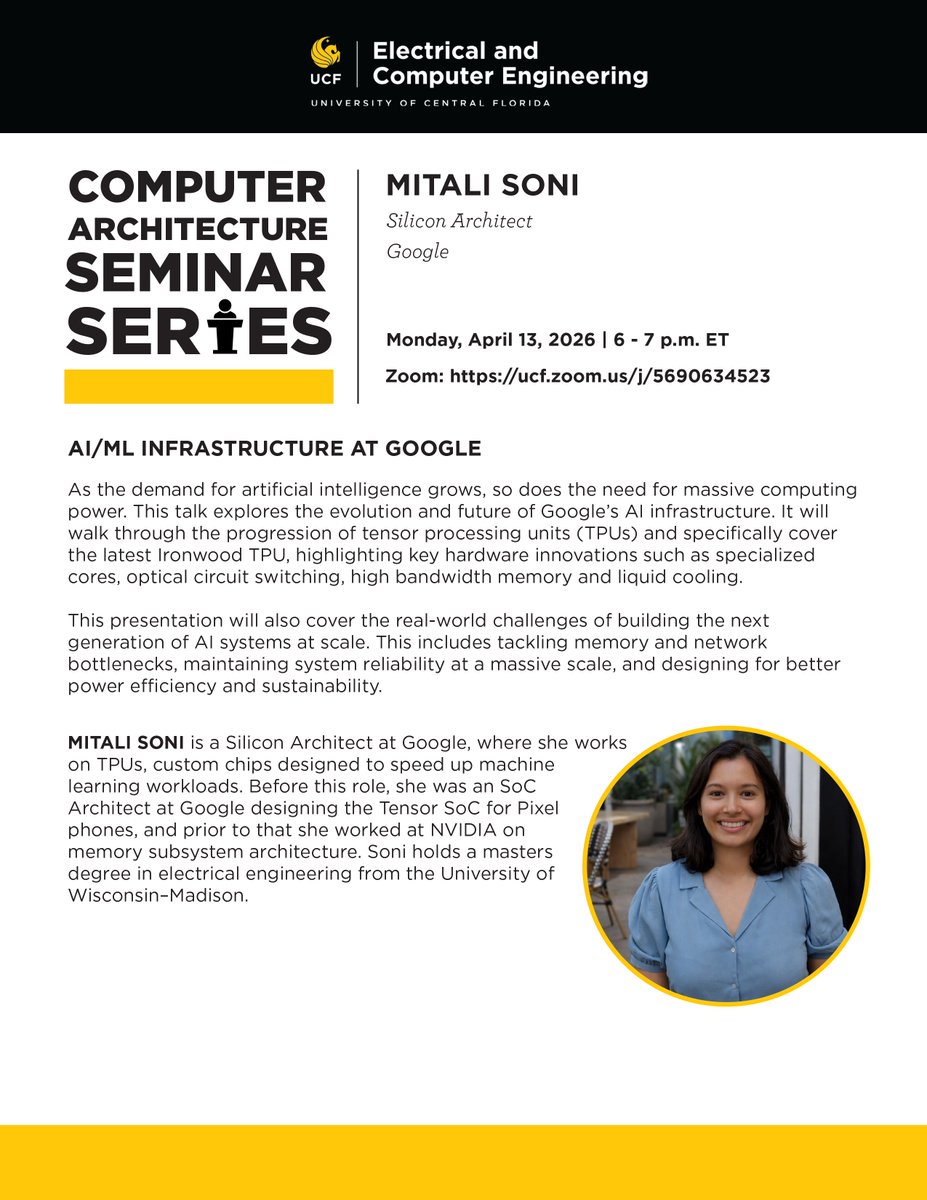 Join us to welcome from Mitali Soni, a silicon architect at Google, who will share "AI/ML Infrastructure at Google."

🗓️ ️Monday, April 13, 2026
🕕 6 - 7 p.m. ET
🔗 Virtual via Zoom: bit.ly/3NvXNOQ