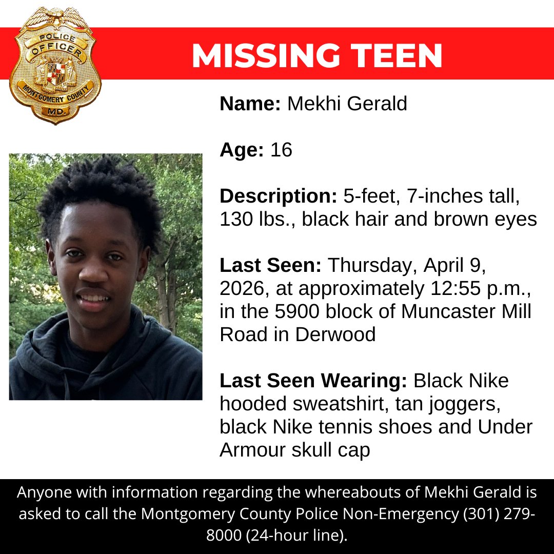 mcpnews's tweet image. Detectives from the Montgomery County Department of Police – Special Victims Investigations Division are asking for the public’s assistance in locating Mekhi Gerald, a missing 16-year-old.

www2.montgomerycountymd.gov/mcgportalapps/…

#MCPNews #MCPD #MissingPerson