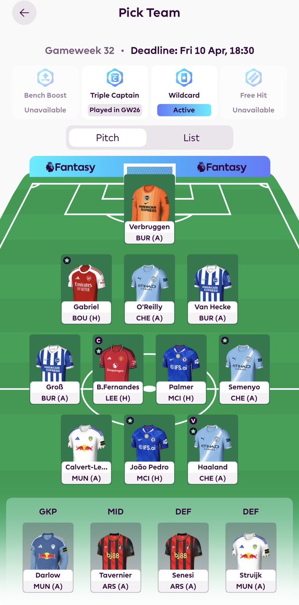 FPL_Dan_'s tweet photo. GW32 🔒

🍟 Wildcard Active! https://t.co/asuAjnL31y