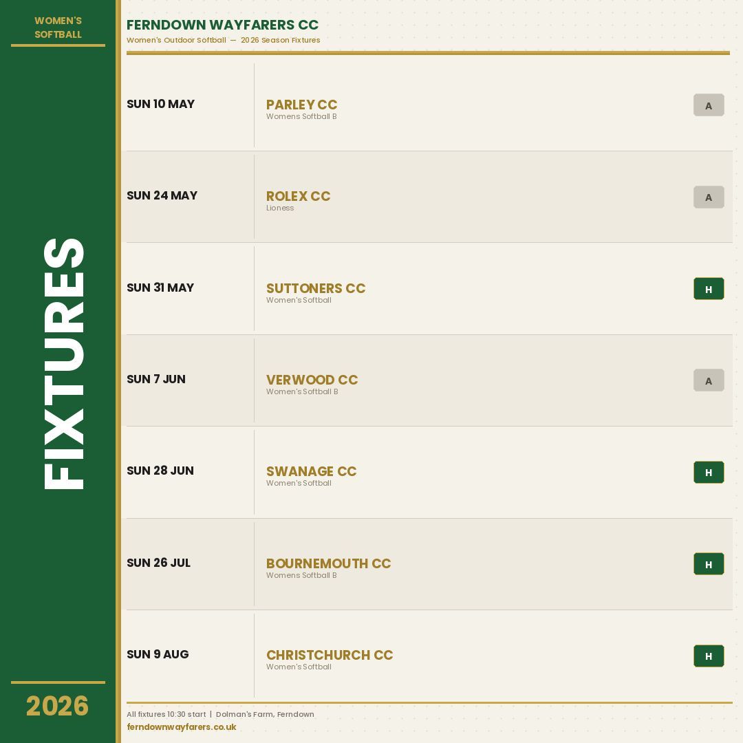 FWCricket's tweet image. 📆  2026 Women's Fixtures

The #FWCC Women's side take to the field in May, starting their outdoor softball season against Parley. 

🏆️ Dorset S &amp;amp; E Division 2

#upthefern #greenandgold #FWCC #greenarmy #cricket

2026 fixtures proudly sponsored by Hearnes Estate Agents Ferndown
