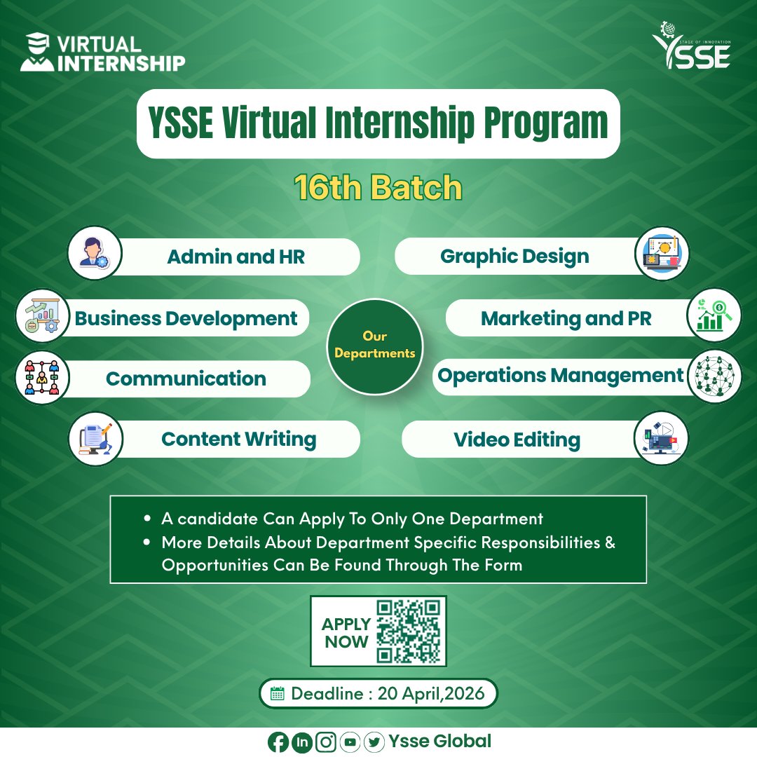 YSSEGLOBAL's tweet image. 🌟 YSSE-এর ৮টি ডায়নামিক ডিপার্টমেন্টে নিজের পটেনশিয়াল খুঁজে নিন

টিমওয়ার্ক, কনটেন্ট, কমিউনিকেশন, ডিজাইন, মার্কেটিং, অপারেশন ও ভিডিও এডিটিং—সবকিছুতেই হাতে-কলমে অভিজ্ঞতা 🚀
৪ মাসে ১৫ দিনের ভার্চুয়াল ইন্টার্নশিপে প্রস্তুত?
বিস্তারিত কমেন্টে 👇

#YSSE #YSSEVI16 #VirtualInternship