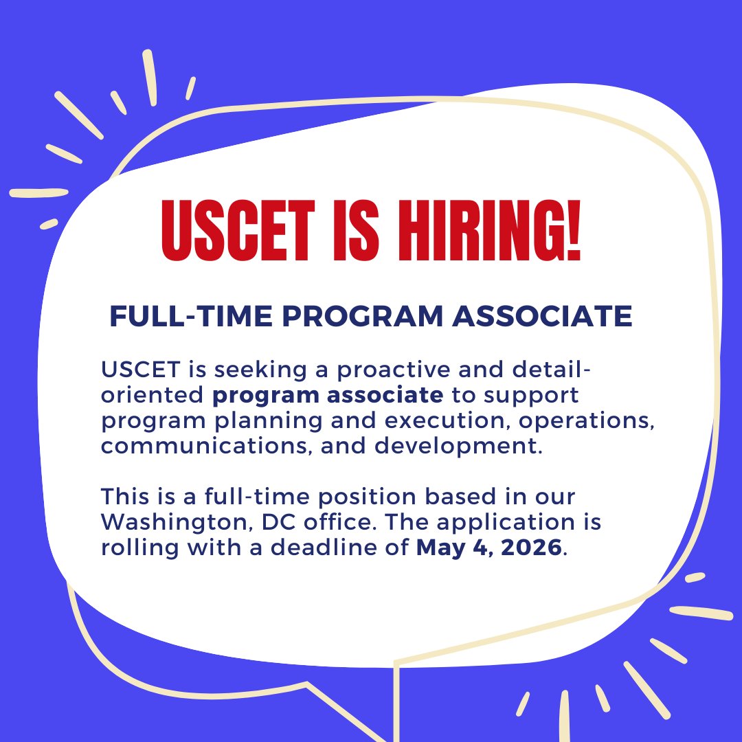 USCET's tweet photo. USCET is seeking a hybrid, full-time Program Associate to join our team in Washington, DC! The Program Associate will support program planning and execution, communications, and development efforts.
Apply by May 4, 2026: https://t.co/QademrjGB3 https://t.co/AYrbgWJc4T