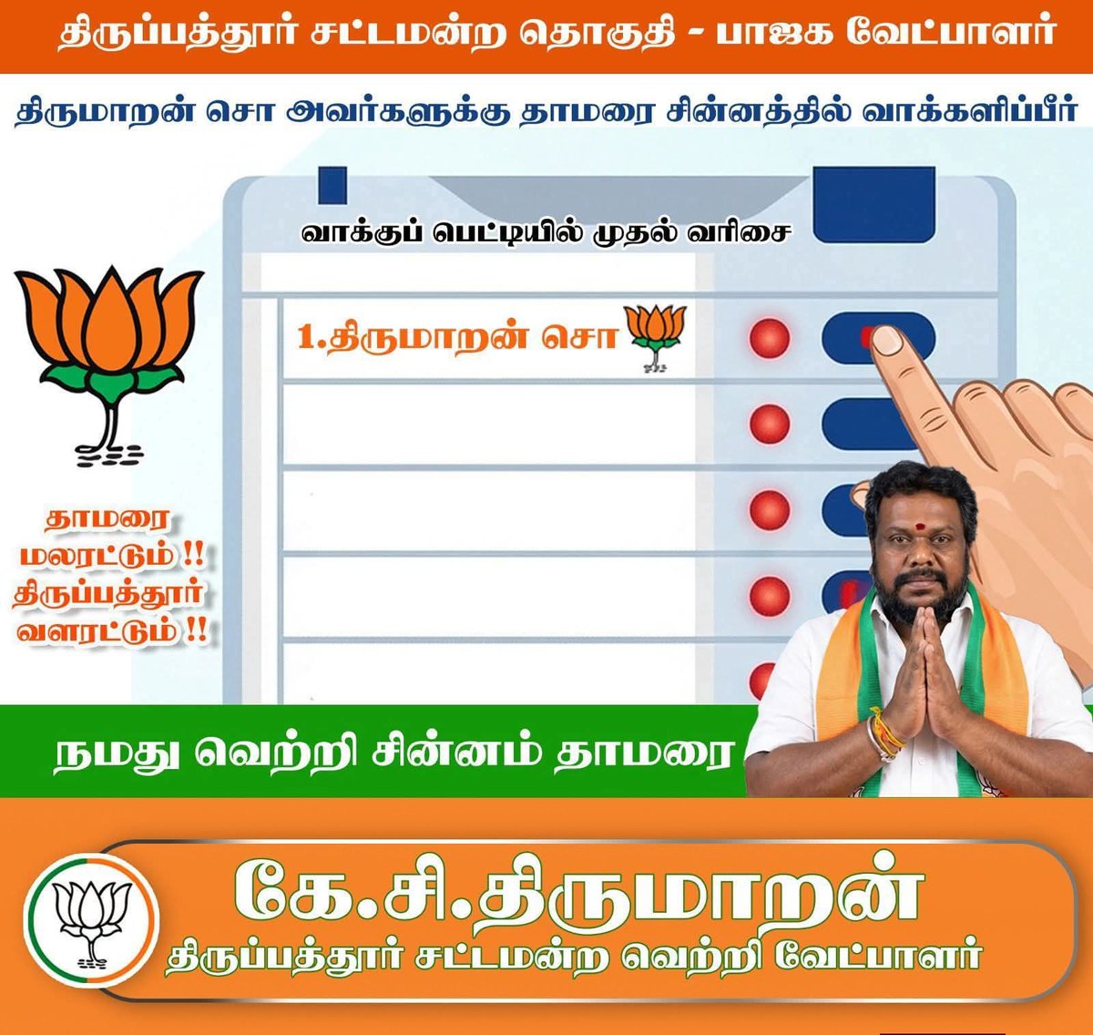 MaduraSolaiMani's tweet photo. #திருப்பத்தூரில்_திருப்பத்தை ஏற்படுத்த #களம்_காணும் வெற்றி வேட்பாளர் என் பாசமிகு அன்பு அண்ணன் திரு.@kcthirumaran அவர்களுக்கு #வெற்றியின் சின்னமான #தாமரையில் 🪷🪷🪷 வாக்களித்து #அமோக_வெற்றி பெற வைக்க வேண்டும் என்று #திருப்பத்தூர்_வாக்காளர் பெருமக்களை அன்புடன் கேட்டுக் கொள்க��றேன்.. https://t.co/MKamYGc0MQ