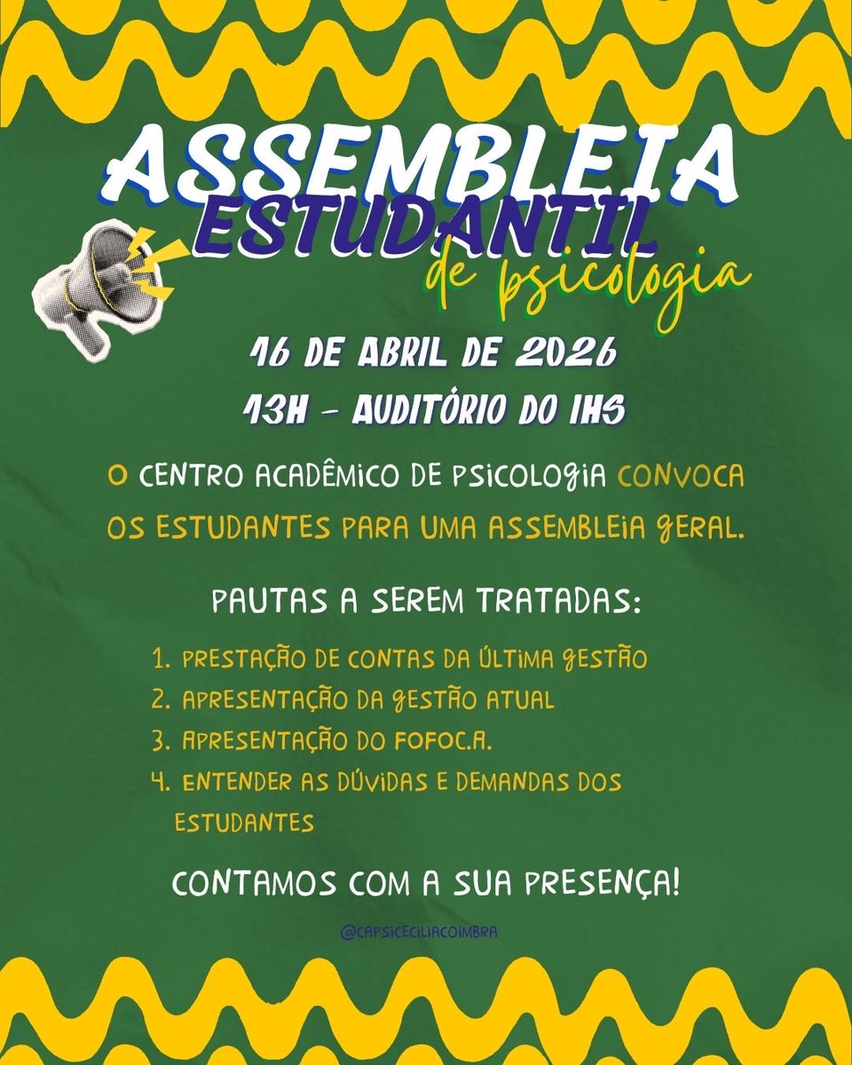 PÓSSO falar agora?

no dia 16/04, às 13h, no auditório do IHS, vai rolar a primeira assembleia da nova gestão do centro acadêmico! 🗣️ contamos com a presença de todes mostrando a cara né bb

tragam suas dúvidas, demandas e ideias pra reunião 🇧🇷