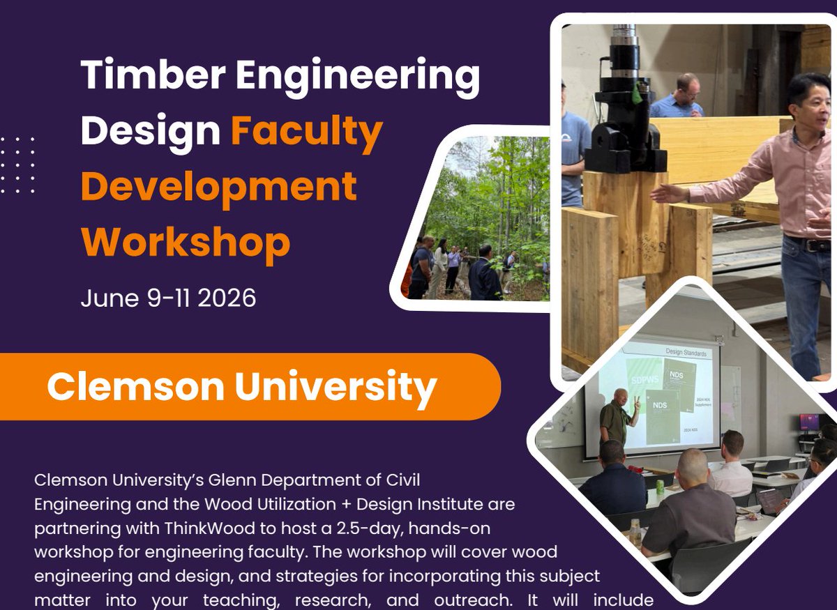 slpei's tweet photo. Clemson is hosting the wood educator workshop again this summer. Great opportunity for U.S. faculty to learn how to teach wood. Sponsored by @ThinkWood &amp; @LumberBoard 
Please apply yourself or help spread the word to folks who might benefit.
https://t.co/WHMl7gkVMS https://t.co/DEVfx8tmg3