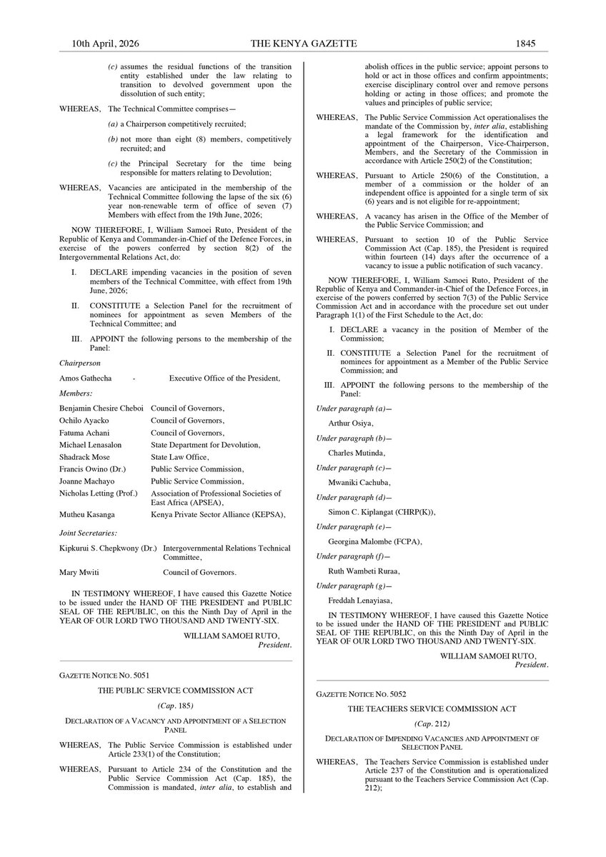 H.E President <a href="/WilliamsRuto/">William Samoei Ruto, PhD</a> has appointed selection panels to oversee recruitment for vacancies in several constitutional and statutory bodies. The positions include Chairperson of IPOA, seven Members of IGRTC, two Members of TSC, and one Member of PSC.

The appointments are