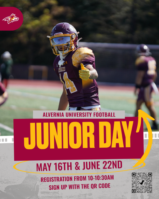AlverniaFB's tweet photo. Alvernia Football is hosting 2 Junior Days.  2027's come see all the great things happening at @AlverniaU and learn more about our Football program and University. Click the QR code or use the link below to sign up.  #RunWithThePack https://t.co/sktlc5kQNY https://t.co/72kfaGgpX0