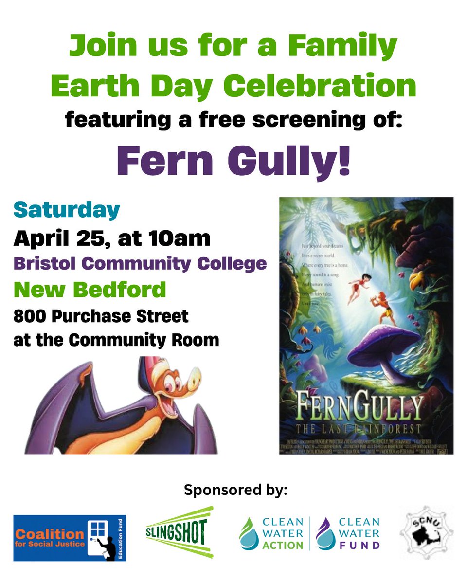 CleanH2OMA's tweet photo. Attention Millennial parents!
Prepare to dig deep into some core memories with your kids, and join Clean Water Action and our friends as we host the absolute CLASSIC animated film, Fern Gully. There will be snacks, activities for the kids, and nostalgia!
@SlingshotAction https://t.co/SsvW5QULL4