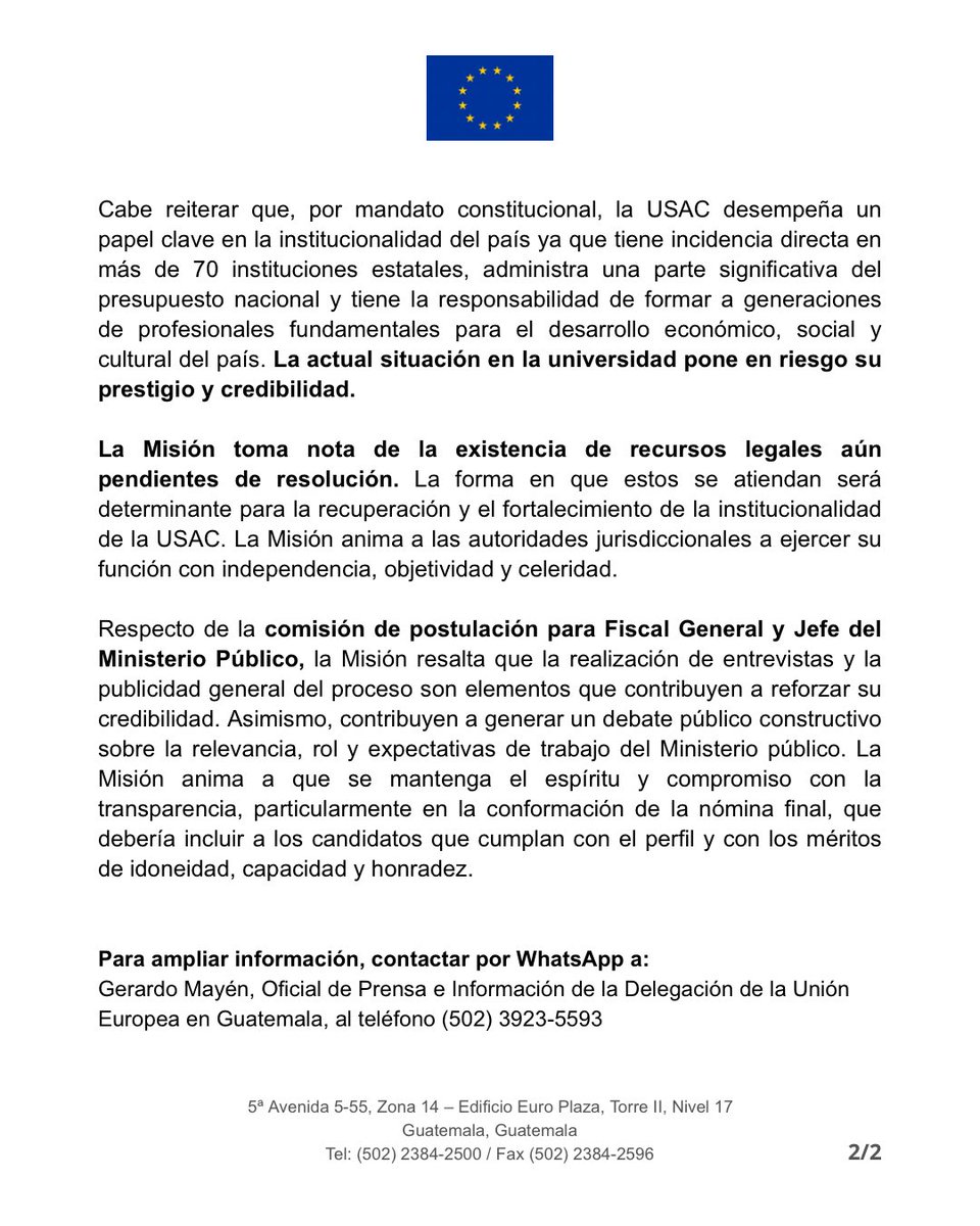 UEGuatemala's tweet photo. La #MisióndeAcompañamiento 🇪🇺 expresa preocupación por irregularidades y hechos de violencia durante la elección de rector de la #USAC. Llama a garantizar derechos, transparencia y respeto a la institucionalidad.

Lee el comunicado completo ↓
🔗 https://t.co/snkRakCcpx https://t.co/NgUomcJpar