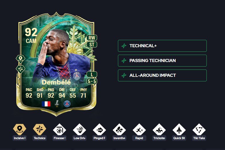 SBF26x's tweet photo. OH MY GOD !!!! 😱😱

DEMBELE WINTER EVO IS CRAZY 🇫🇷🧬

- Incisive + 
- Technical + 

Is possible with Finesse + 🙌🏼

- Tiki Taka 
- Pinged 
- Inventive 
- Rapid 🏃🏼‍♂️
- Trickster 
- Quick Step 🚀
- LowDriven 
- Finesse 

 94.5 META RATING 📈📈 https://t.co/kL8xzib1AB