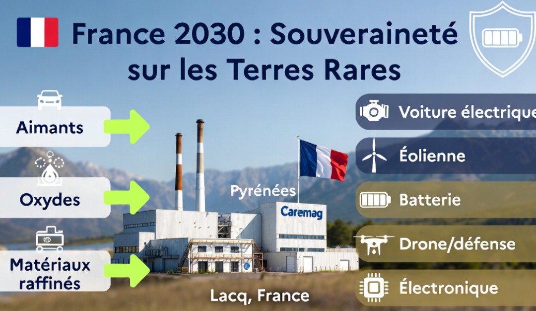 thibame's tweet photo. 🇫🇷 Fiers d’être Français ! 🇨🇵

La France avance concrètement sur les matériaux critiques et renforce sa souveraineté industrielle ! 🛡️🔋

La levée de fonds réussie de Carester (Caremag) en avril 2026 marque une étape majeure. Cette entreprise lyonnaise construit à Lacq (Pyrénées-Atlantiques) une usine de recyclage et de raffinage de terres rares qui sera opérationnelle fin 2026. 

Chiffres concrets :

🔹Capacité : recyclage de 2.000 tonnes d’aimants permanents et raffinage de 5.000 tonnes de concentrés par an.

🔹Financement : 216 millions d’euros (106M€ de l’État via France 2030 + 110M€ d’investisseurs japonais).

Les terres rares sont indispensables pour :

🔹Les aimants permanents des moteurs électriques (voitures, éoliennes) :
- Les batteries,
- Les turbines éoliennes,
- Les systèmes de défense et l’électronique.

Aujourd’hui, la Chine contrôle plus de 90% du raffinage mondial. Avec ce projet et d’autres (Solvay à La Rochelle, Orano, etc.), la France bâtit une filière complète et indépendante.

Grâce au plan France 2030, nous reprenons le contrôle de nos chaînes de valeur stratégiques.

C’est ça, la France qui gagne et qui sécurise son avenir industriel ! 💪🔵⚪🔴

#MatériauxCritiques #TerresRares #Carester #France2030 #SouverainetéIndustrielle #FiertéFrançaise #SavoirFaireFrançais