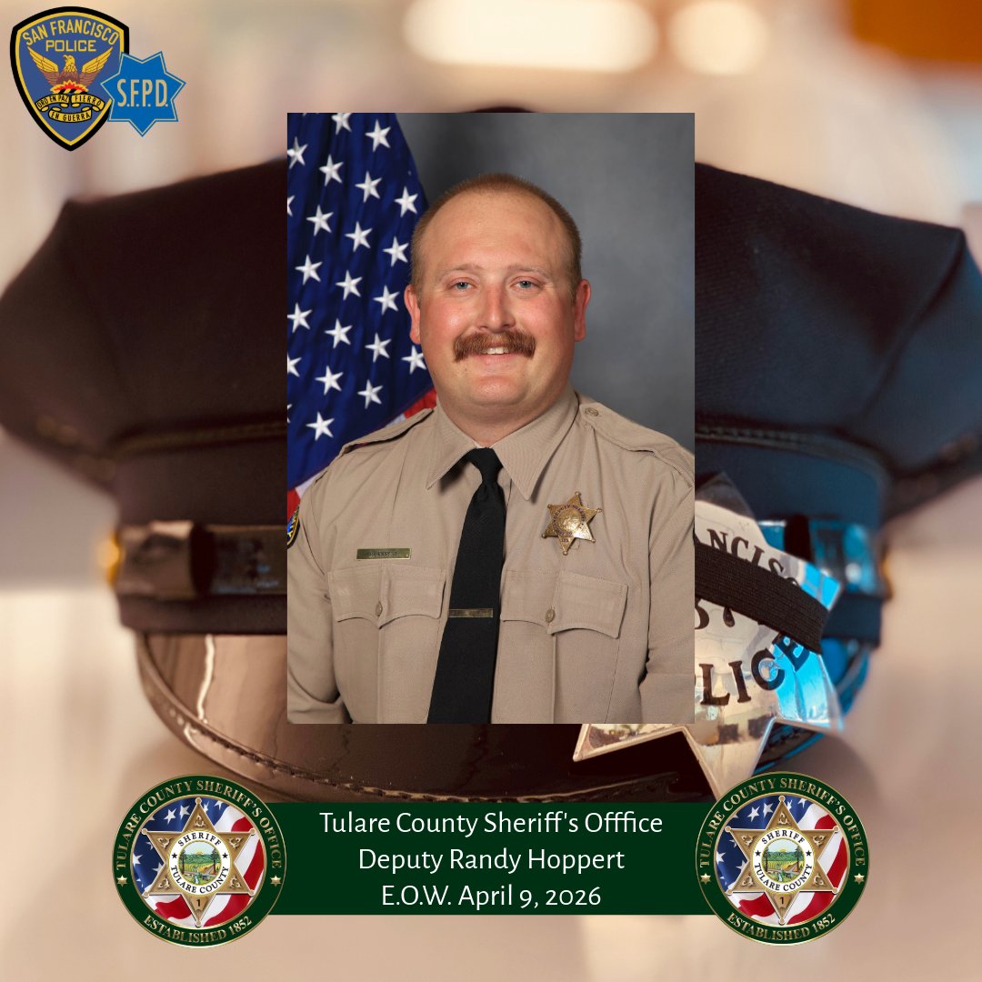 SFPD's tweet photo. We stand with the @TulareSheriff during this challenging time as they mourn the loss of one of their own.

Deputy Randy Hoppert was killed in the line of duty after being struck by gunfire from a suspect. 

Deputy Hoppert was a US Navy veteran and had faithfully served Tulare County for 6 years. 

May you forever rest in peace, Deputy Randy Hoppert. Your sacrifice will never be forgotten. 🇺🇸