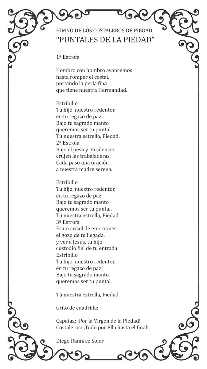 𝐏𝐔𝐍𝐓𝐀𝐋𝐄𝐒 𝐃𝐄 𝐋𝐀 𝐏𝐈𝐄𝐃𝐀𝐃

En la mañana del Viernes Santo, nuestro H. M. Honorífico D. Diego Ramírez Soler, recitaba a puerta cerrada y ante los hombres que conforman su cuadrilla de costaleros, un himno escrito por él y dedicado a la Stma. Virgen y a su cuadrilla.
