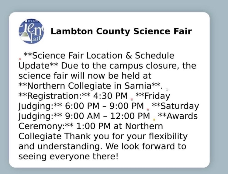 NCollegiate's tweet photo. Northern is pleased to share we are hosting the Lambton County Science Fair this weekend. Please see details in photograph. https://t.co/Uw6o80hF2M