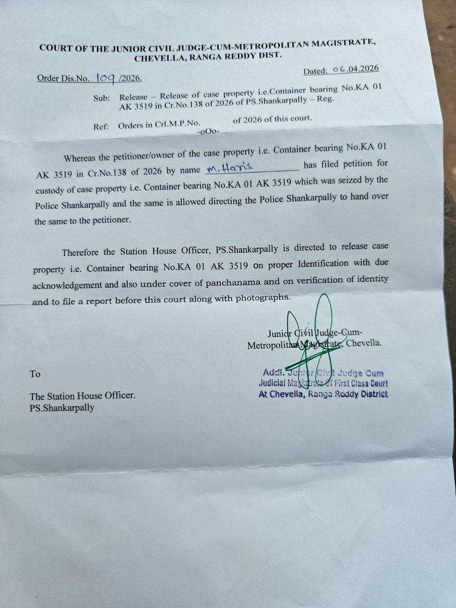 Telangana | Shankarpally PS

3 Apr: Container with 30 bulls intercepted; case booked under CS Act and animals sent to Shri Krishna Gaushala, Narsingi.

6 Apr: Vehicle release order issued, but bulls were also taken from gaushala.

7 Apr: Chevella Court clarified release is only