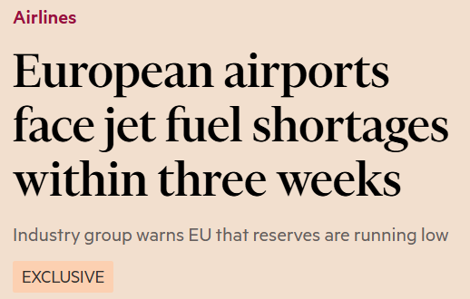 emmevilla's tweet photo. ⛔️✈️ Gli aeroporti europei saranno in carenza di carburante entro fine aprile.

Incredibile: anche di fronte alle orde di troll del "ma come! L'Europa è molto meno dipendente dal Medio Oriente", tutto quello di cui vi parlo da un mese a questa parte si sta per avverare.
