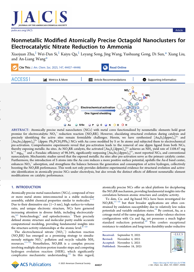 DiSun83's tweet photo. Nonmetallic Modified Atomically Precise Octagold Nanoclusters for Electrocatalytic Nitrate Reduction to Ammonia | Journal of the American Chemical Society https://t.co/jnCwdx8GCE