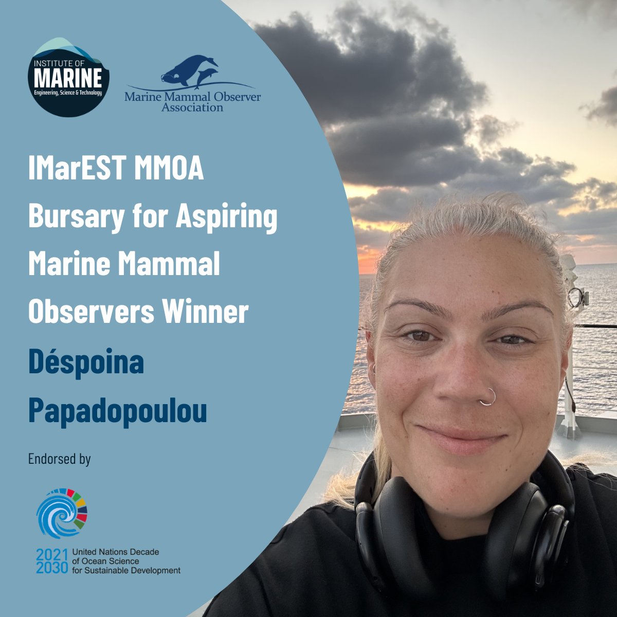 IMarEST's tweet photo. 🎉The IMarEST is delighted to congratulate Déspoina Papadopoulou on being awarded the Bursary for Aspiring Marine Mammal Observers, funded by the IMarEST and the @MMOA.
We extend our best wishes to Déspoina as she embraces this exciting opportunity. 🦭
#IMarEST #MMOA https://t.co/dAxS49cByo