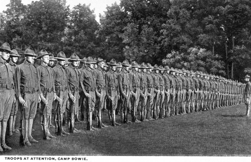 Chicotsky's tweet photo. In 1917, the U.S. Army built Camp Bowie across 2,186 acres on Fort Worth's west side to train the 36th Infantry Division for World War I. The nine-mile road built to reach it was renamed Camp Bowie Boulevard in 1919 and remains our major Fort Worth thoroughfare today (TSHA, 2025) https://t.co/BH5nxap3Fh