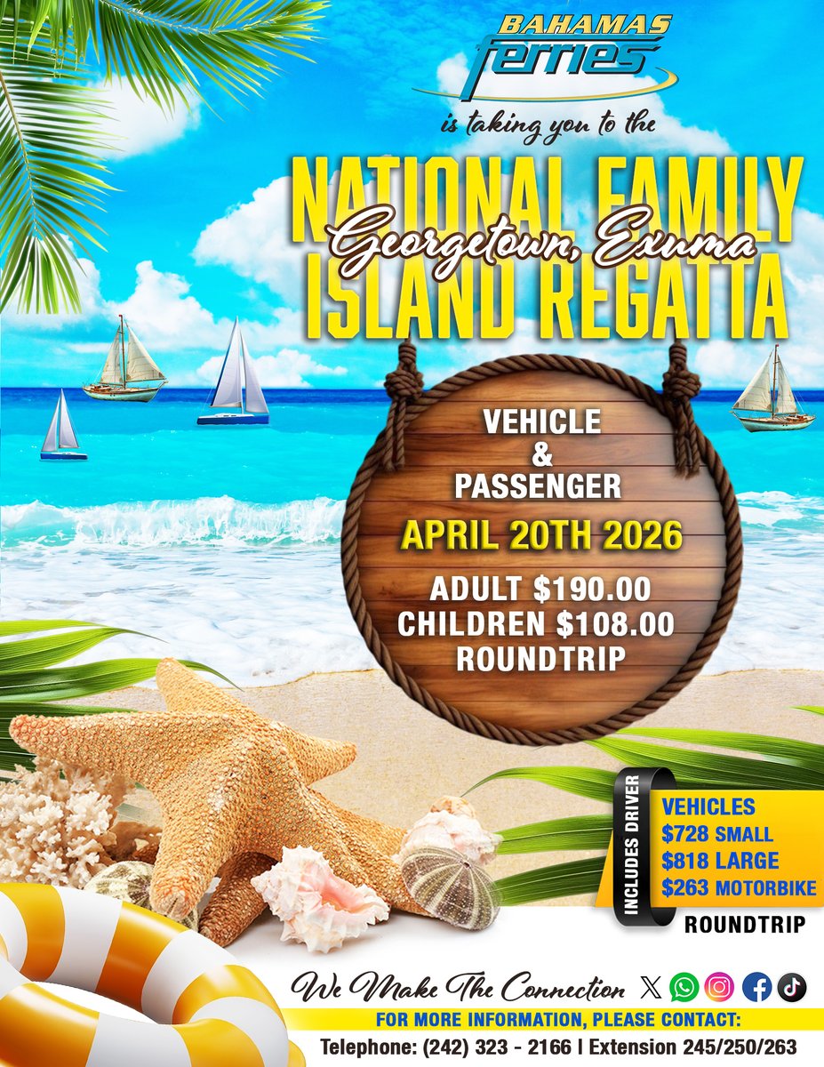 Set sail for the 70th National Family Island Regatta in George Town, Exuma!

Travel with Bahamas Ferries Ltd. and take advantage of reliable passenger + vehicle services to keep you fully prepared for the festivities.

We make the connection seamless. Secure your bookings!
