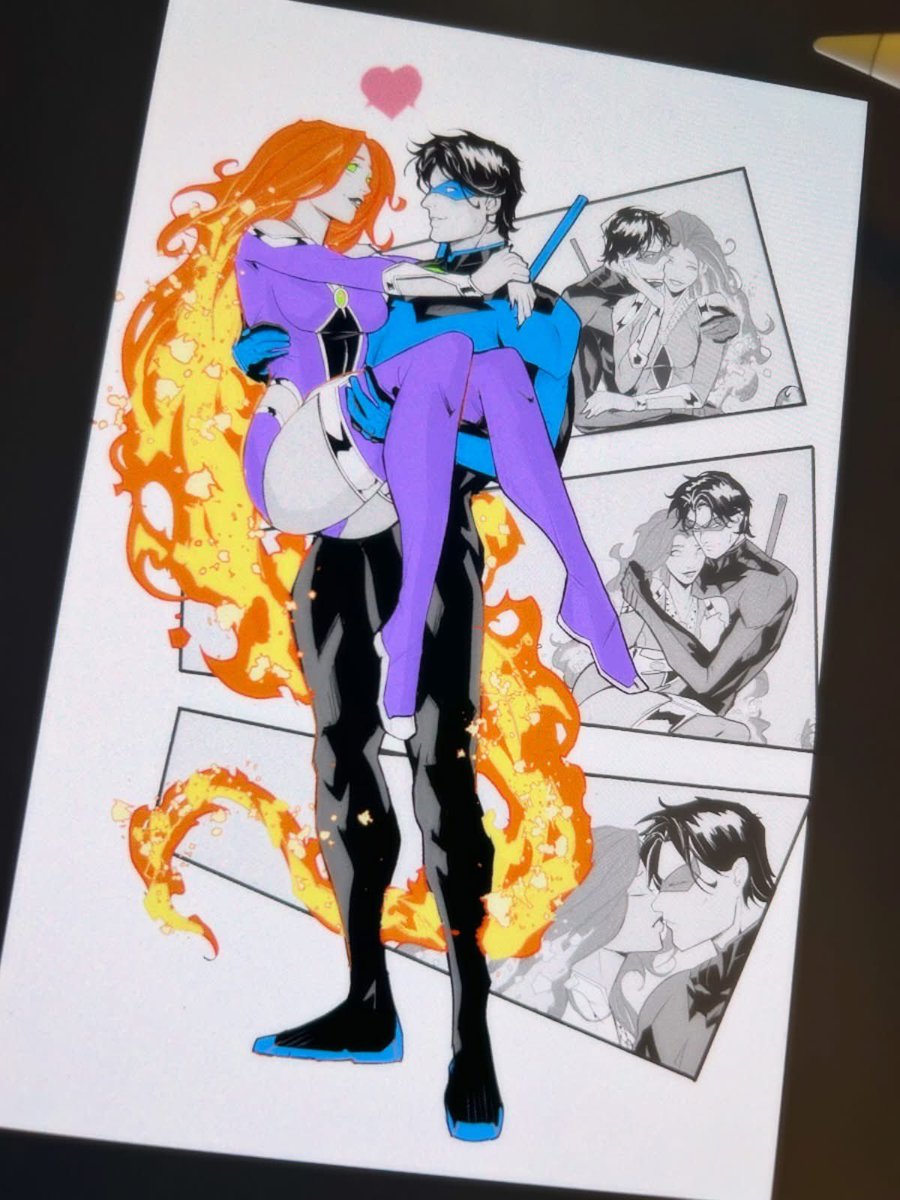 Couples commissions seem to be popular. 
Latest….Nightwing &amp; Starfire. ⚔️💖
Fandom debates aside, I love the current  run with Babs, but my roots are in those old New Teen Titans back issues. If I have a preference? Absolutely. Am I sharing it? No way. 👀🤫
#Nightwing #Starfire