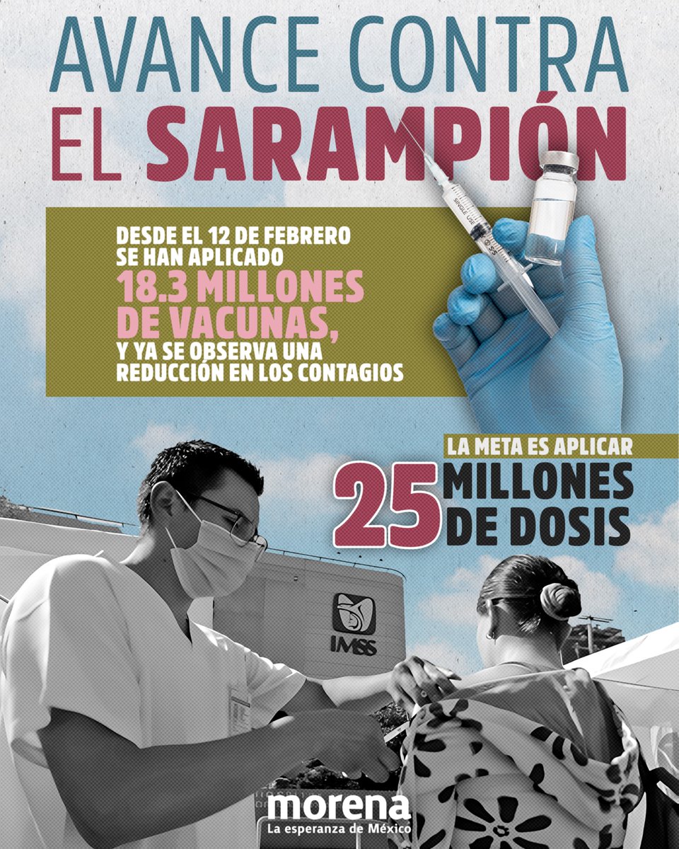 PartidoMorenaMx's tweet photo. Vacunarse es la forma más eficaz de frenar el sarampión con avance a la baja en las 32 entidades.

La meta es clara: llegar a 25 millones para proteger a más familias. https://t.co/pHLLh6cCmg