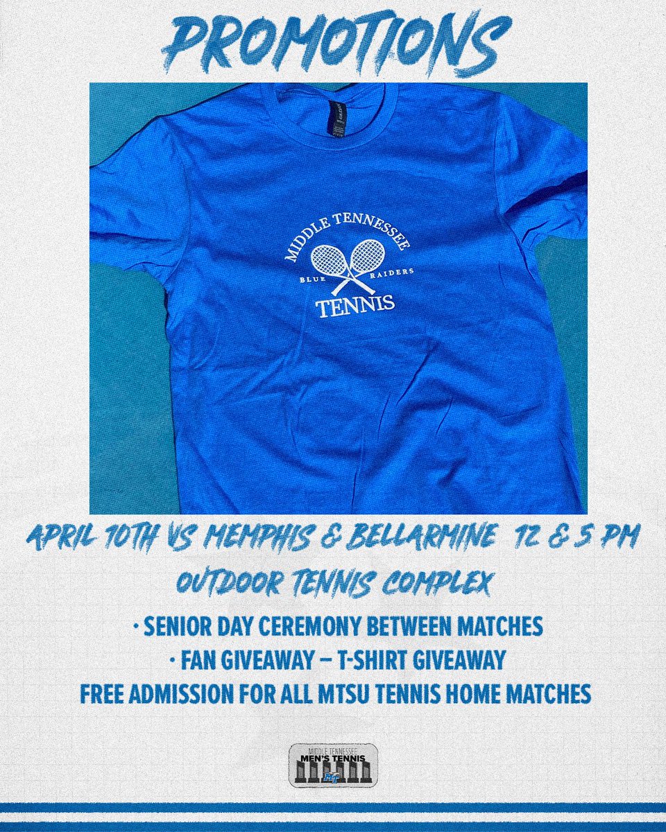 CoachJimmyB's tweet photo. 🎾 Today! , Friday, April 10th at Noon vs Memphis 🐅, Senior Day after match has been clinched (approx 230pm), 🆓 👕, 5pm vs Bellarmine under the lights 💡 #murfreesboro #freetshirts https://t.co/Rv0xGSqgZd