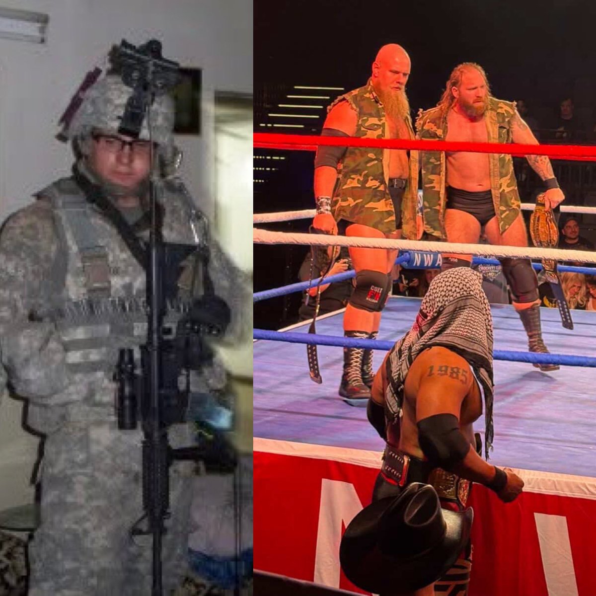 BattleBornFox's tweet photo. At 18 years old, I was fighting a war in Baghdad. Running patrols & kicking in doors on raids. That environment forged a weapon. Now, that weapon is deployed in the NWA tag team division. The battlefield changed. The violence didn’t.
#CombatVet #NWA #CrockettCup  #TagTeamWrestling #ProWrestling
@Billy  @NWA @JoeGalliNews @KyleDavisATL