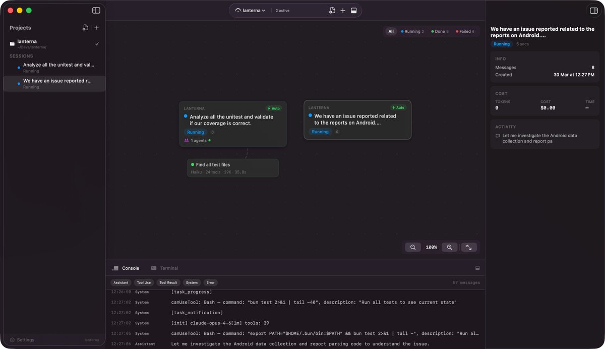 jrogerfuentes's tweet photo. I got tired of juggling +5 Claude Code terminals, so I vibed a native macOS app to run them all from a visual canvas.

- Spawn agents in parallel (isolated by default in worktrees)
- Approve/deny every tool use with one click or just go with autonomous mode
- Review diffs inline, merge or discard
- Write a spec → AI generates strategy → agents execute in waves

100% SwiftUI, no Electron. Built with Claude Code, for Claude Code.

https://t.co/wfIFv5pQ5F