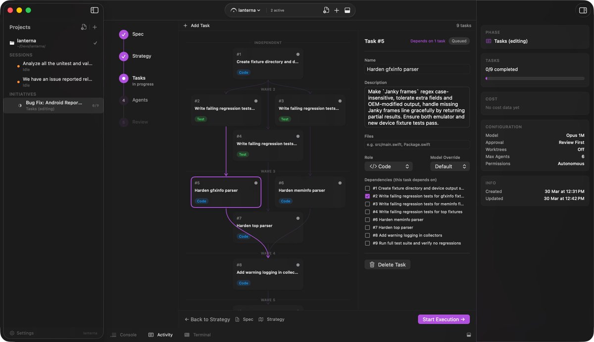 jrogerfuentes's tweet photo. I got tired of juggling +5 Claude Code terminals, so I vibed a native macOS app to run them all from a visual canvas.

- Spawn agents in parallel (isolated by default in worktrees)
- Approve/deny every tool use with one click or just go with autonomous mode
- Review diffs inline, merge or discard
- Write a spec → AI generates strategy → agents execute in waves

100% SwiftUI, no Electron. Built with Claude Code, for Claude Code.

https://t.co/wfIFv5pQ5F