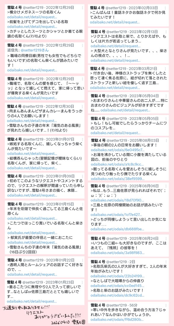 setter1219's tweet photo. 先ほどアップした三島と佐原のお話で、2022年末にいただいたリクエストすべて終了いたしました…！
さ、3年以上前…本当に本当～～にお待たせしてしまい大変申し訳ありませんでした😭
もはや当時リクくださった方々が見てらっしゃるかもわかりませんが、ありがとうございました！！！！ https://t.co/9cRdhTPFfc