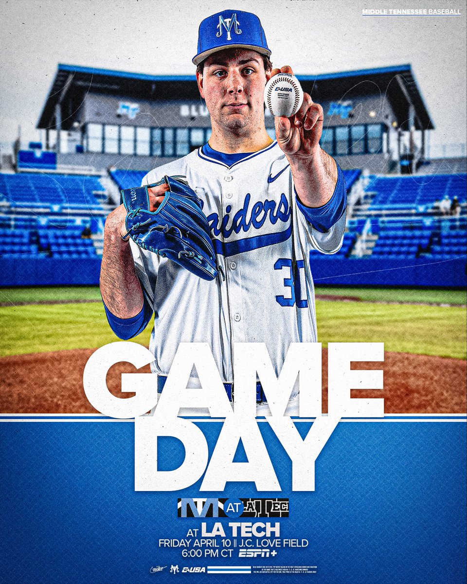 MT_Baseball's tweet image. Gameday in the boot!

🆚 LA Tech
📍 Ruston, La.
🏟️ J.C. Love Field
⏰ 6 p.m. CT
📊 goblueraiders.co/BSB-Stats-LT-G1
📻 goblueraiders.co/BSB-Listen-LT-…
📺 goblueraiders.co/BSB-Watch-LT-G1

#BLUEnited | #BlueCrew
