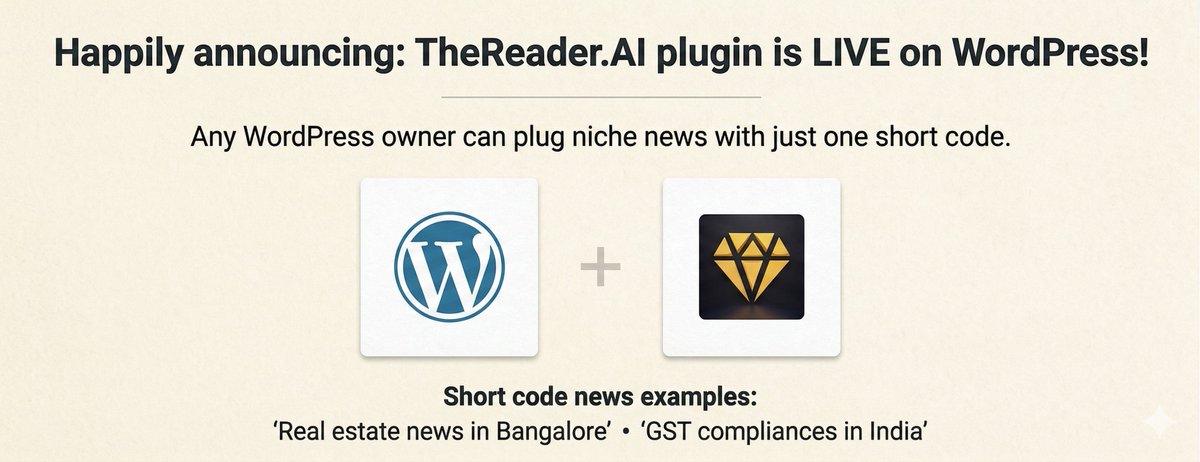 TheReader_AI's tweet photo. 🚀 https://t.co/HEJIfrhddv WordPress plugin is now live!Add niche news to your site + boost SEO with JSON-LD &amp; 50K+ sources.👉 Want early access? I’ll personally help you set it up &amp; improve your SEO. @buildinpublic 
#TheReaderAI #WordPress #SEO #AI #SaaS https://t.co/fvCbT1TvwY