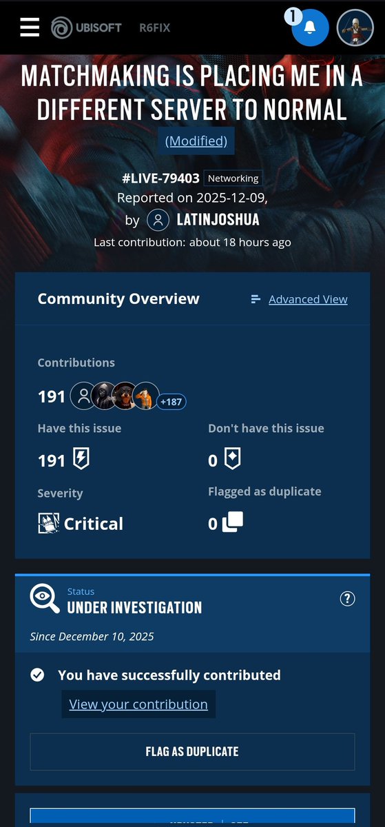 The_Batman1965's tweet photo. @NokkEnjoyer @Deadzo99 @KingHill2K2 @Rainbow6Game If it was a "me" issue, it would not have existed on R6 fix with 191 contributions, 277 upvotes and being under investigation by Ubisoft. https://t.co/3fUGtglhwP