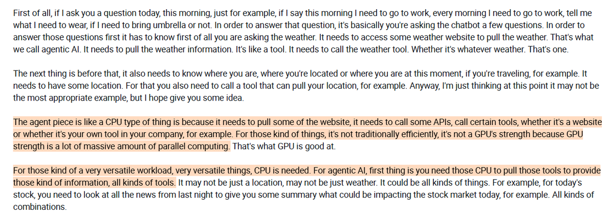AlphaSenseInc's tweet photo. Interview with an $INTC employee on why agentic AI is creating a new layer of CPU demand ( $NVDA, $AMD, $TSM ):

- The expert sees agentic AI as a meaningful driver of CPU demand growth beyond that required by traditional LLM inference. Where standard deployments use CPUs primarily to manage GPU tasks, agentic architectures introduce an entirely new layer of CPU-intensive work, encompassing agent orchestration, tool calls, and API interactions. As agentic adoption scales, the expert expects this to shift data center configurations meaningfully toward more CPU capacity relative to GPUs.

- The expert explains that the lower pricing for B200 and B300 relative to H100 is primarily a supply-side dynamic. As the supply chain matures around newer architectures, $TSM and the broader ecosystem can produce Blackwell chips at greater volumes than they could for H100, enabling hyperscalers to lower per-instance prices to stimulate adoption.

- The more important point the expert makes is that lower instance pricing does not mean lower bills. Running the latest models on newer hardware generates significantly more tokens and traffic per session, meaning overall customer spend actually increases even as the headline rental rate comes down. The expert sees this as a deliberate strategy across the supply chain, in which every player is positioning itself to grow the overall revenue pool rather than simply competing on price.

- The expert sees agentic AI driving demand for both high-end GPUs and CPUs rather than shifting away from one toward the other. The LLM component of agentic workflows still requires the most capable chips, while the orchestration and tool-calling layer is driving a clear and growing increase in CPU demand, something $INTC has already flagged by noting it is capacity constrained on CPUs.

- On the competitive landscape for CPUs, the expert sees the outcome as still too early to call. x86 from $INTC and $AMD has deep roots in the kinds of orchestration workloads that agentic AI demands, having handled similar tasks for years. $NVDA's Vera CPU and $ARM's recent AGI chip are making a push into this space, but the expert expects the established ecosystem advantages of $INTC and $AMD to be difficult to displace quickly.

- The expert expects training workloads to continue growing in intensity, driven by the industry's broad consensus that larger models consistently produce more capable and intelligent outputs, even in ways that cannot always be fully explained. This emergent intelligence from scale is what continues to justify investment in increasingly dense and powerful cluster architectures like the $NVDA's Kyber rack.