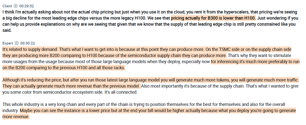 AlphaSenseInc's tweet photo. Interview with an $INTC employee on why agentic AI is creating a new layer of CPU demand ( $NVDA, $AMD, $TSM ):

- The expert sees agentic AI as a meaningful driver of CPU demand growth beyond that required by traditional LLM inference. Where standard deployments use CPUs primarily to manage GPU tasks, agentic architectures introduce an entirely new layer of CPU-intensive work, encompassing agent orchestration, tool calls, and API interactions. As agentic adoption scales, the expert expects this to shift data center configurations meaningfully toward more CPU capacity relative to GPUs.

- The expert explains that the lower pricing for B200 and B300 relative to H100 is primarily a supply-side dynamic. As the supply chain matures around newer architectures, $TSM and the broader ecosystem can produce Blackwell chips at greater volumes than they could for H100, enabling hyperscalers to lower per-instance prices to stimulate adoption.

- The more important point the expert makes is that lower instance pricing does not mean lower bills. Running the latest models on newer hardware generates significantly more tokens and traffic per session, meaning overall customer spend actually increases even as the headline rental rate comes down. The expert sees this as a deliberate strategy across the supply chain, in which every player is positioning itself to grow the overall revenue pool rather than simply competing on price.

- The expert sees agentic AI driving demand for both high-end GPUs and CPUs rather than shifting away from one toward the other. The LLM component of agentic workflows still requires the most capable chips, while the orchestration and tool-calling layer is driving a clear and growing increase in CPU demand, something $INTC has already flagged by noting it is capacity constrained on CPUs.

- On the competitive landscape for CPUs, the expert sees the outcome as still too early to call. x86 from $INTC and $AMD has deep roots in the kinds of orchestration workloads that agentic AI demands, having handled similar tasks for years. $NVDA's Vera CPU and $ARM's recent AGI chip are making a push into this space, but the expert expects the established ecosystem advantages of $INTC and $AMD to be difficult to displace quickly.

- The expert expects training workloads to continue growing in intensity, driven by the industry's broad consensus that larger models consistently produce more capable and intelligent outputs, even in ways that cannot always be fully explained. This emergent intelligence from scale is what continues to justify investment in increasingly dense and powerful cluster architectures like the $NVDA's Kyber rack.