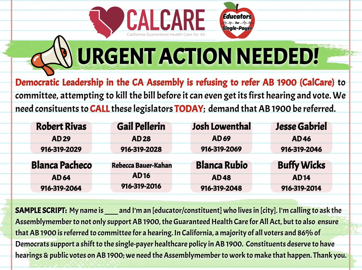 Ed4SinglePayer's tweet photo. 🚨 #CalCare Call to Action🚨 

CA Dem leaders are trying to kill #AB1900 by refusing to refer the #SinglePayer bill to the health committee for a hearing &amp; vote.

This is a betrayal to their constituents at the behest of their corp donors.

We need to flood the lines! CALL TODAY! https://t.co/drRh8INBU4