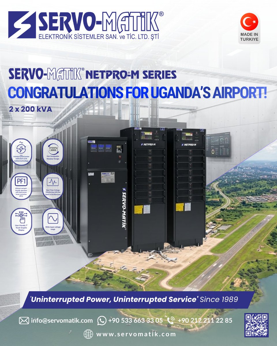 servomatik's tweet image. We have successfully completed the shipment of our 2 x 200 kVA SERVO-MATIK NETPRO-M Series power solution for the airport project in Uganda.
In airport infrastructures, where uninterrupted energy is critical, reliability and continuity come before everything else.
#ServoMatik