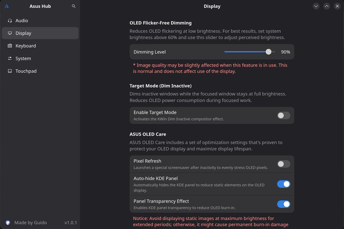 QingQ77's tweet image. Asus Hub 是一款 Linux 上 ASUS 笔记本的非官方集中控制中心，用 Rust + GTK4   构建，将电池健康管理、风扇曲线、OLED 显示调节、键盘背光、音频配置和 GPU 模式切换整合到统一界面。

功能按依赖可用性自动启用/禁用，支持 KDE Plasma   特性（面板透明度、像素刷新屏保等）和 GNOME 触摸板切换。