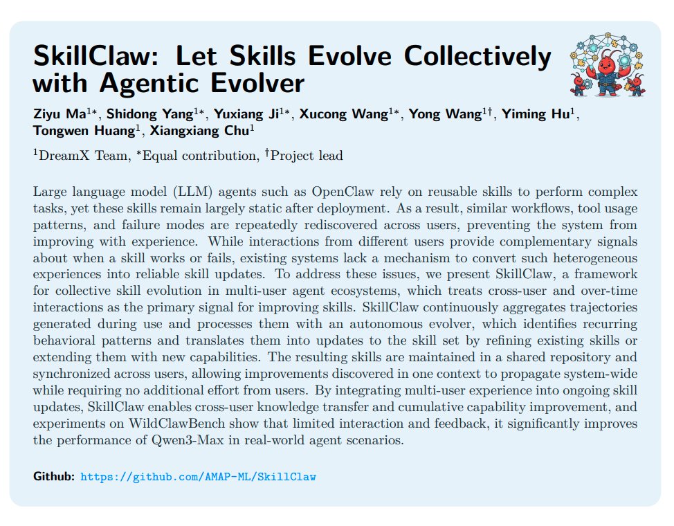SkillClaw paper abstract: framework for collective skill evolution in multi-user agent ecosystems using an agentic evolver
