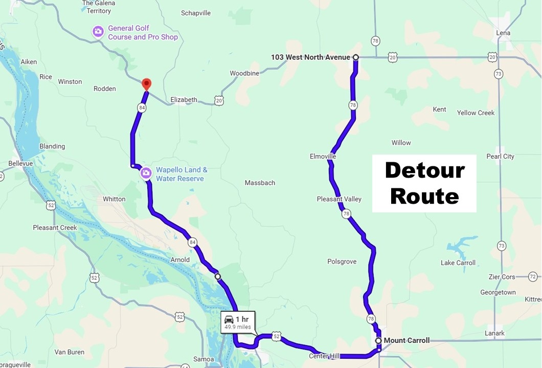 STOCKTON: A 12-day closure of U.S. 20 between Stockton &amp; Logemann Rd begins Monday, April 13. All through roads across U.S. 20 will remain open during the closure. Other traffic will follow a marked detour of Illinois 78, U.S. 52 and Illinois 84. Details: …partment-of-transportation.prezly.com/us-20-in-jo-da…