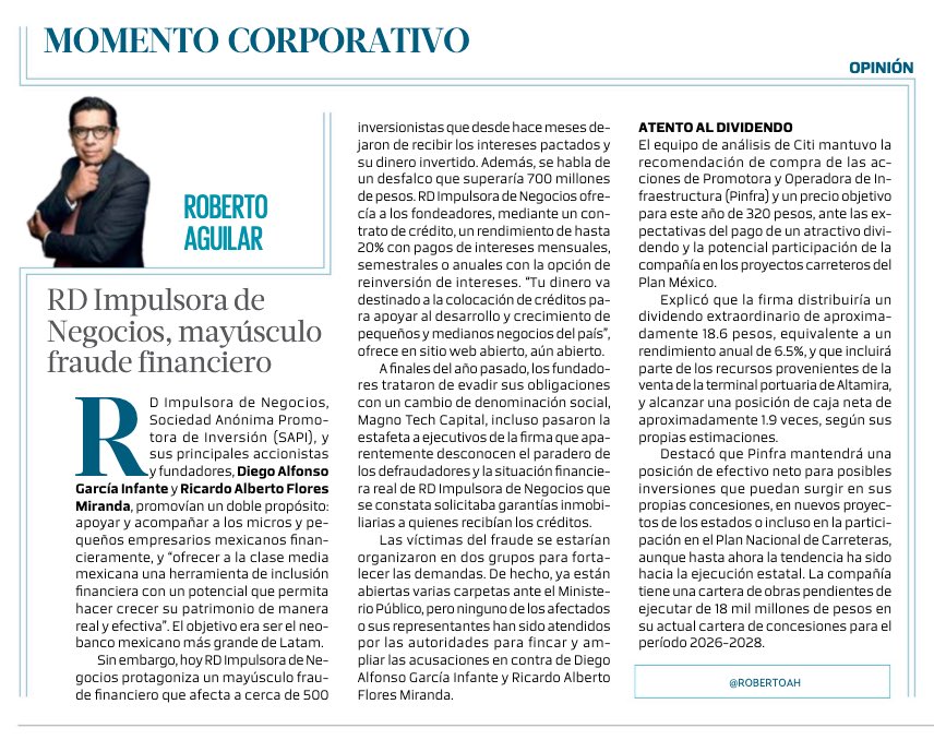 robertoah's tweet image. Hoy en #MomentoCorporativo los detalles del fraude #RD Impulsora de Negocios de Diego Alfonso García Infante y Ricardo Alberto Flores Miranda que afecta a cerca de 500 inversionistas con un desfalco de por lo menos 700 millones de pesos @cnbvmx; las positivas expectativas de