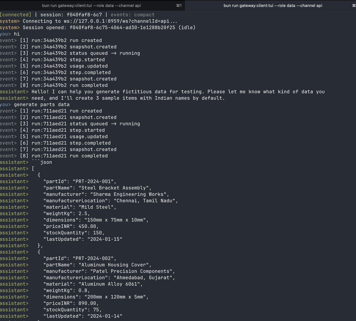 murthyug's tweet photo. 1/3 : Day 10: #AdaptiveAgent #BuildInPublic #AI #Agents #Ampcode 
Progress:
- The event logging is now enabled both in backend console as well as client
- Big win today - Binding works! see examples 
- Started to work  on TUI - works partly but may need complete revamp - see screen shot below