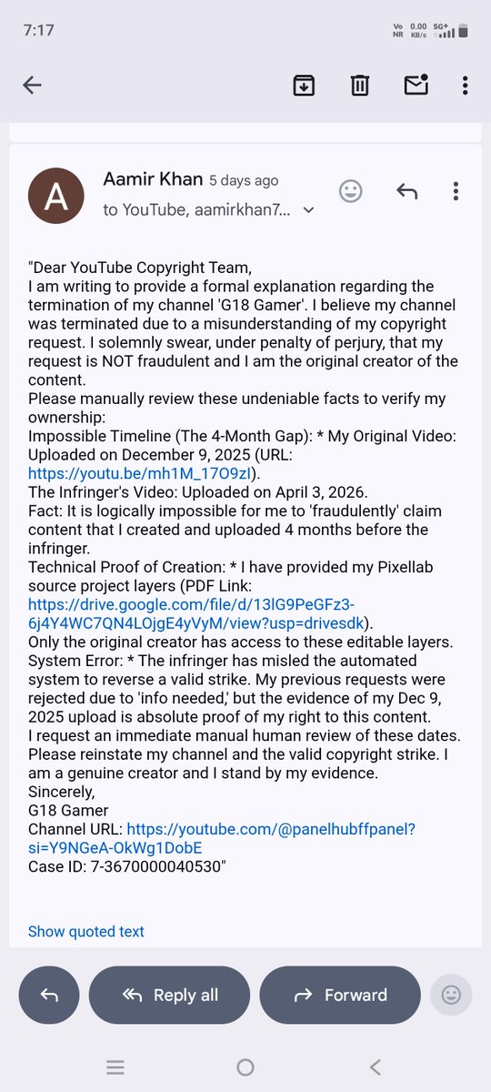 nilay19910's tweet photo. @TeamYouTube @HUS5AIN_ "Dear 
@TeamYouTube
, I am being ignored! My channel is terminated for a valid copyright strike.
THE TRUTH: > My Video: Dec 9, 2025
Thief's Video: April 3, 2026
How is this an abusive request? I created this 4 months BEFORE him! Please check Case ID: 7-3670000040530. https://t.co/9xU5gGCXq4
