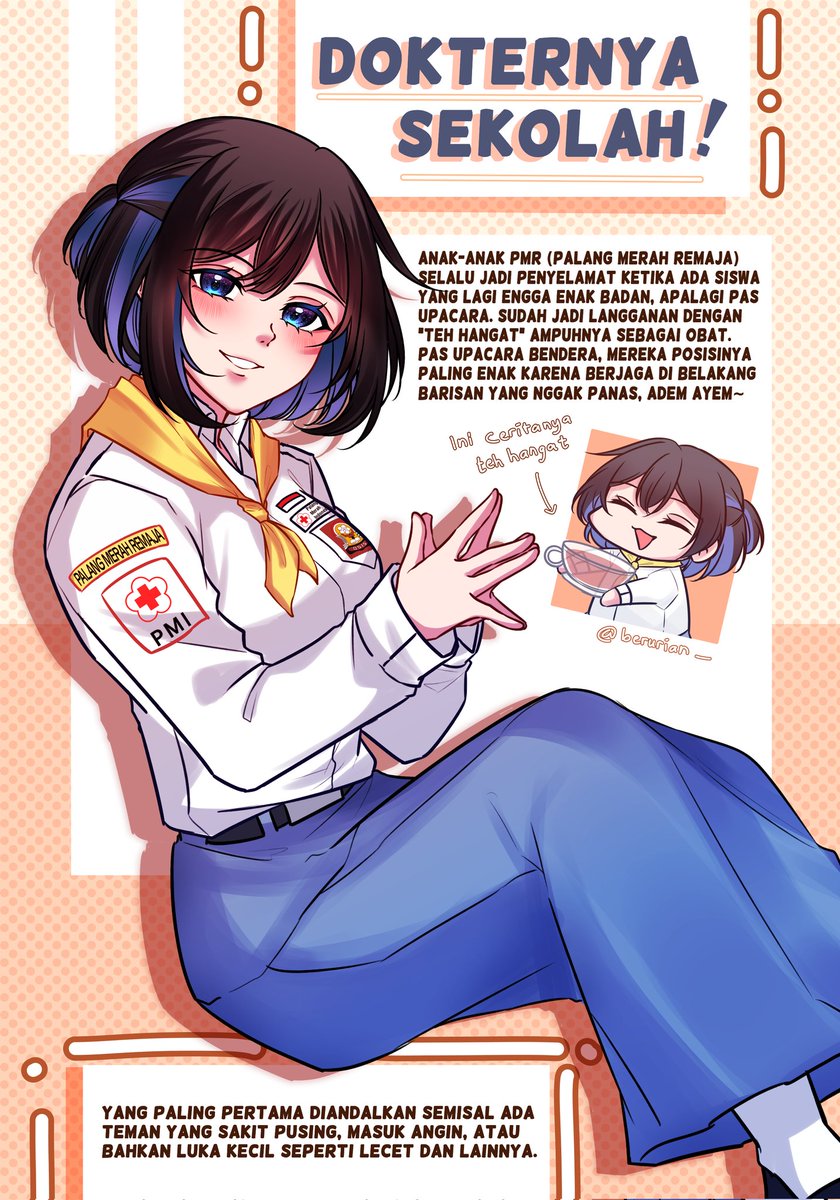 Sering banget dipanggil "Bu Dokter" Sama teman-teman atau gurunya sendiri, soalnya Aira itu anaknya sigap banget kalo berhubungan sama kesehatan teman-temannya~

#MajalahKisahSekolah #berurian_ocs

Ayo kenalan juga sama temen-temen yang lainnya di postingan utama 🤭
⬇️ ⬇️ ⬇️