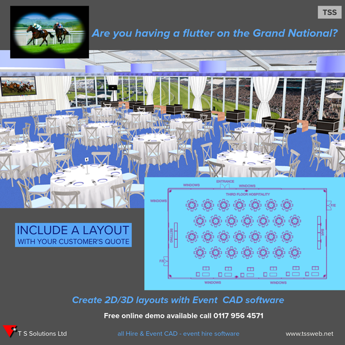 TSSolutionsLtd's tweet image. Creating a layout to mark the Grand National. Event CAD software enables you to design a 2D layout and generate a 3D colour visual of the occasion, helping potential customers better visualise how their event will look. #event #eventprofs #quotations #layout #grandnational