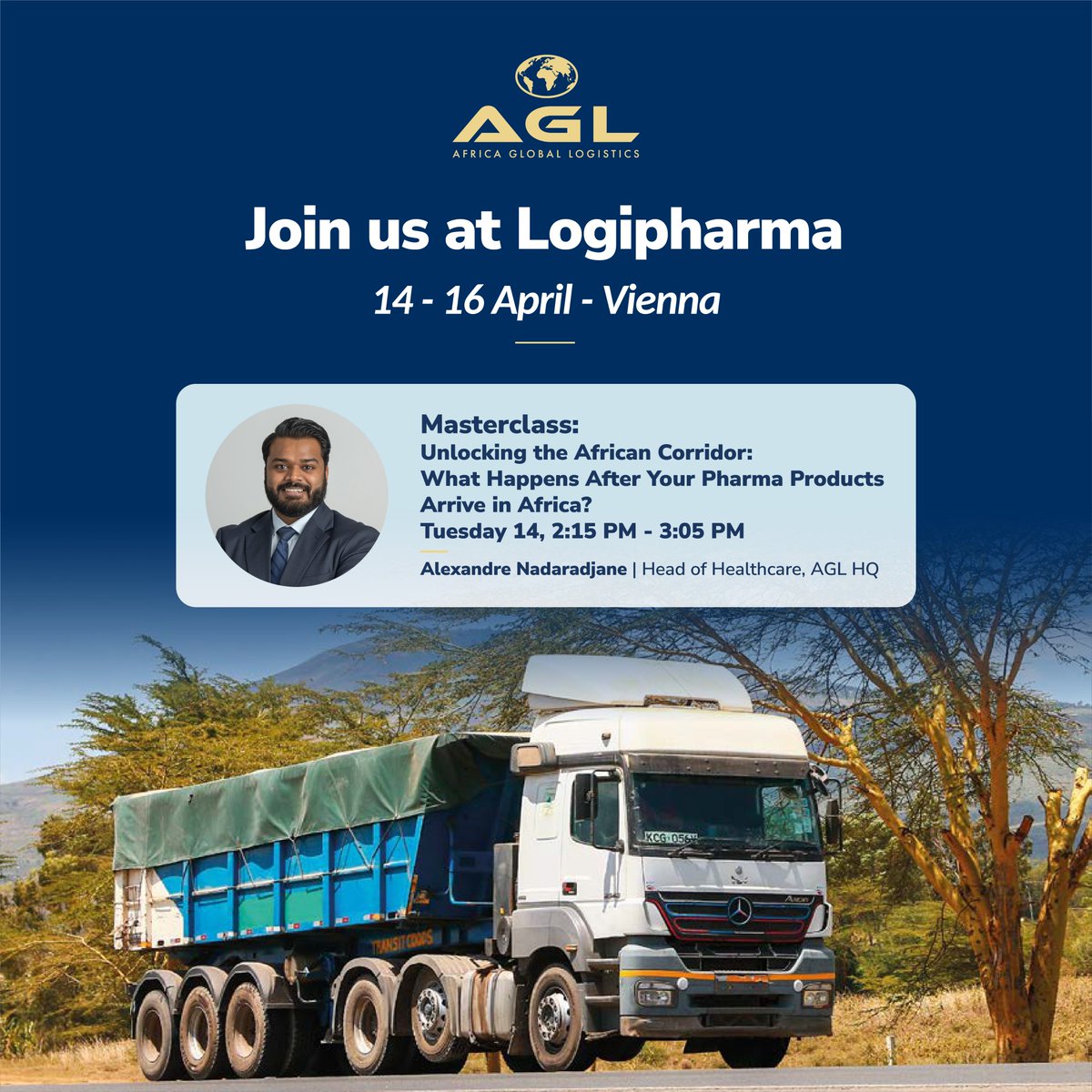 AGLgroup_'s tweet image. AGL will be at LogiPharma!
📢 Masterclass by Alexandre Nadaradjane, Head of Healthcare at AGL: “Unlocking the African Corridor: What Happens After Your Pharma Products Arrive in Africa”
14 April | 14:15–15:05
#LogiPharma #HealthcareLogistics #SupplyChain