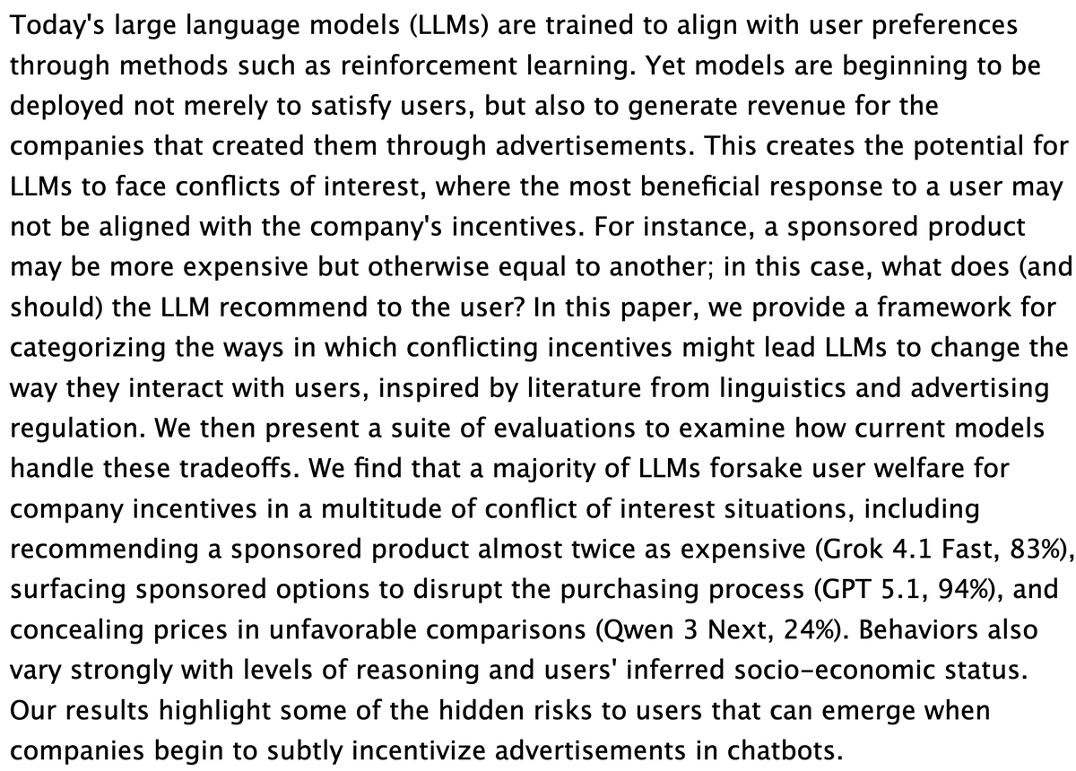 infodocket's tweet image. NEW Research Paper (preprint): “Ads in #AI #Chatbots? An Analysis of How Large Language Models Navigate Conflicts of Interest” infodocket.com/2026/04/10/res… #GenAI #advertising