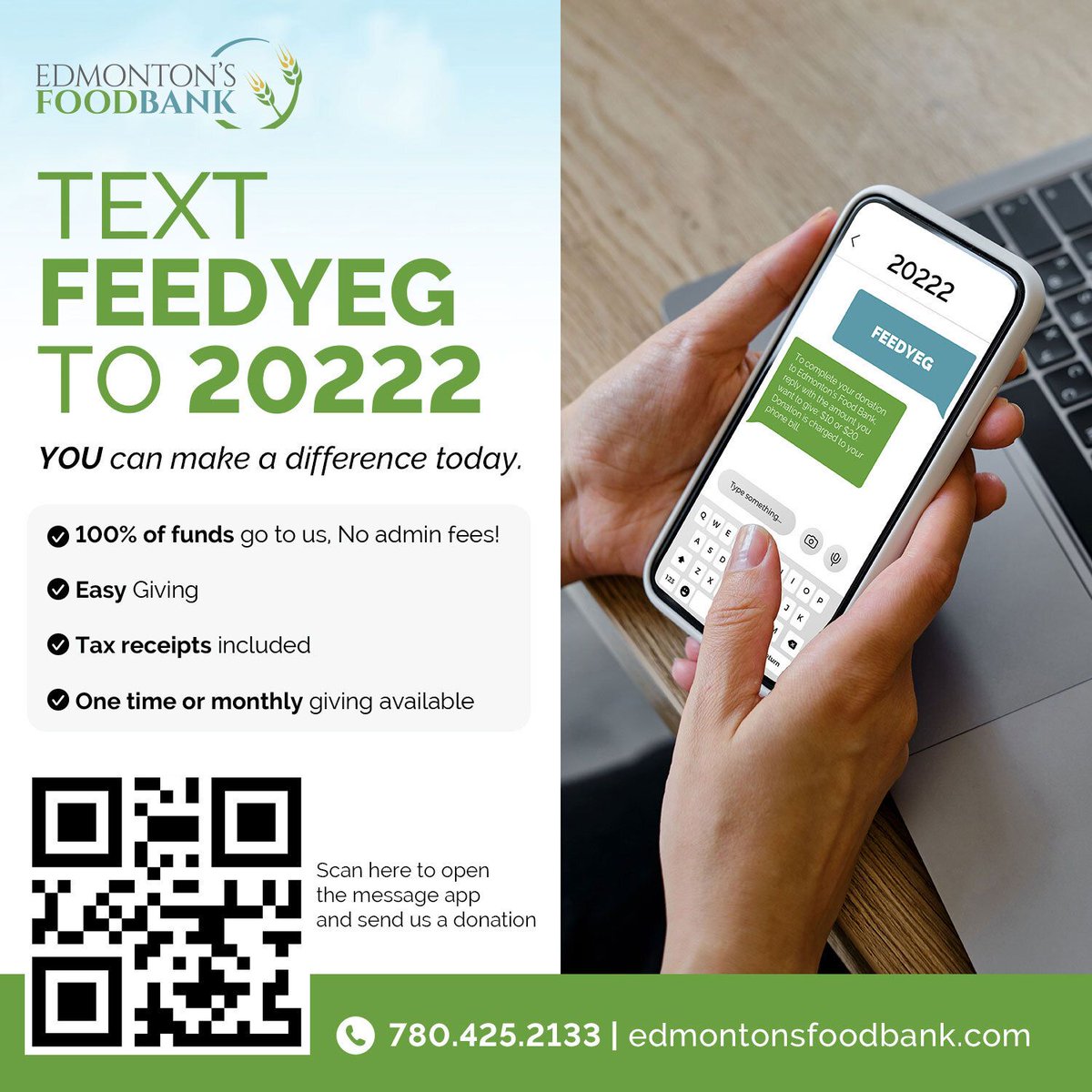yegfoodbank's tweet image. DONATING IS EASIER THAN EVER! Scan the QR code to open your messaging app and text FEEDYEG to 20222 for a $10 or $20 donation added to your phone bill! Alternatively, you can set up monthly giving via credit card below. Thank YOU! #yeg #edmonton

loom.ly/xDYQmE0