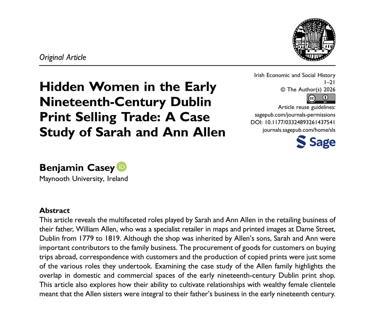 benjamincaseyy's tweet photo. Excited to announce that my journal article on women printsellers in early nineteenth-century Dublin has been published in @eshsi_ie It explores the gendered dynamics of the family print shop and how labour was divided in these domestic and commercial spaces. https://t.co/kInOhMvQIC